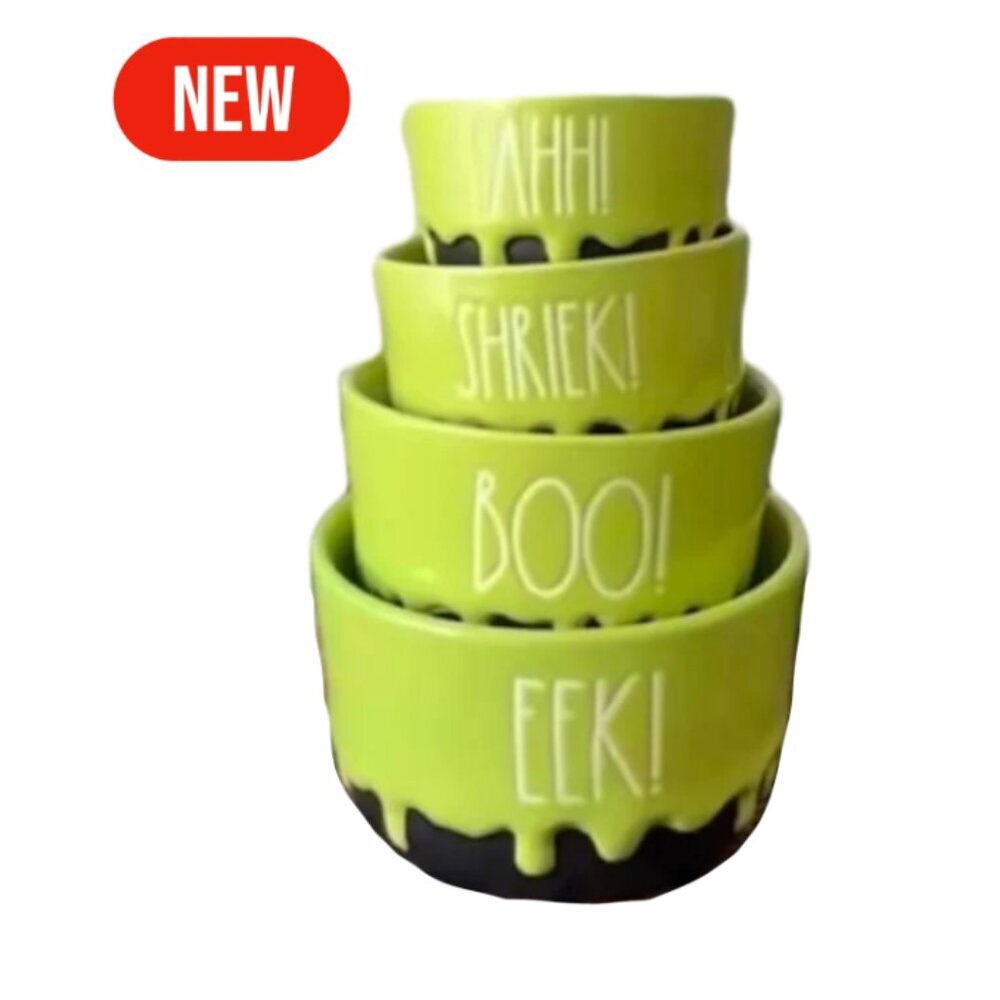Rae Dunn Halloween EEK Measuring Cups Set Green & Black Drip 4 Pc Double Sided - Picture 5 of 5